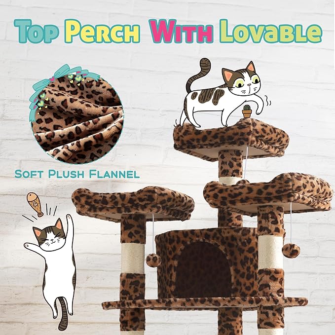 SHA CERLIN 73in Fan-Shaped Corner Cat Tower for Save Space/Multi-Level Tall Cat Tree for Indoor Kitties/Condo with Baskets/Cozy Perches/Sisal Scratching Posts/Pet Activity House/Leopard Print