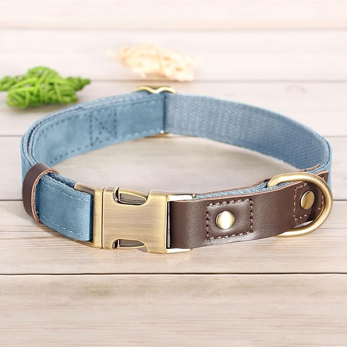 Didog Soft PU Leather Dog Collar for Large Dogs,Classic Adjustable Dog Collars with Quick Release Metal Buckle,Easy Clean and Comfortable with Nylon Lining,Denim Blue,L Neck 15-23"