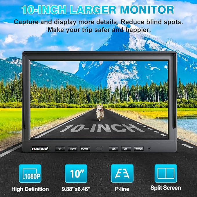 Fookoo 1080P 10" Wireless Backup Camera System, 10" Dual/Quad Split Monitor with Recording, IP69 Waterproof Rear/Front View Cameras, Parking Lines for RV/Truck/Trailer/Van(DW102)