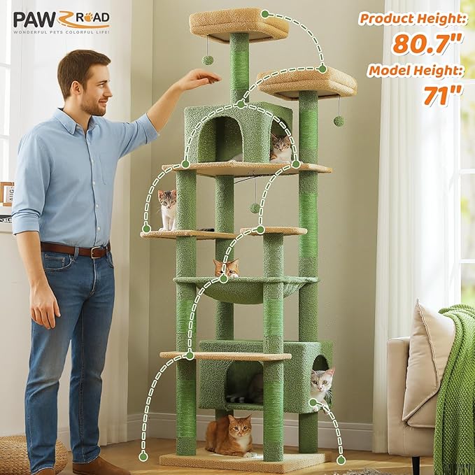 PAWZ Road Heavy Duty Cat Tree for Large Cats, 81 Inches Cactus Tall Cat Tower with 2 Perches, 2 Condos and Spacious Hammock, XL Extra Large Condo with 7 Scratching Posts for 20lb+ Adult Cats, Green