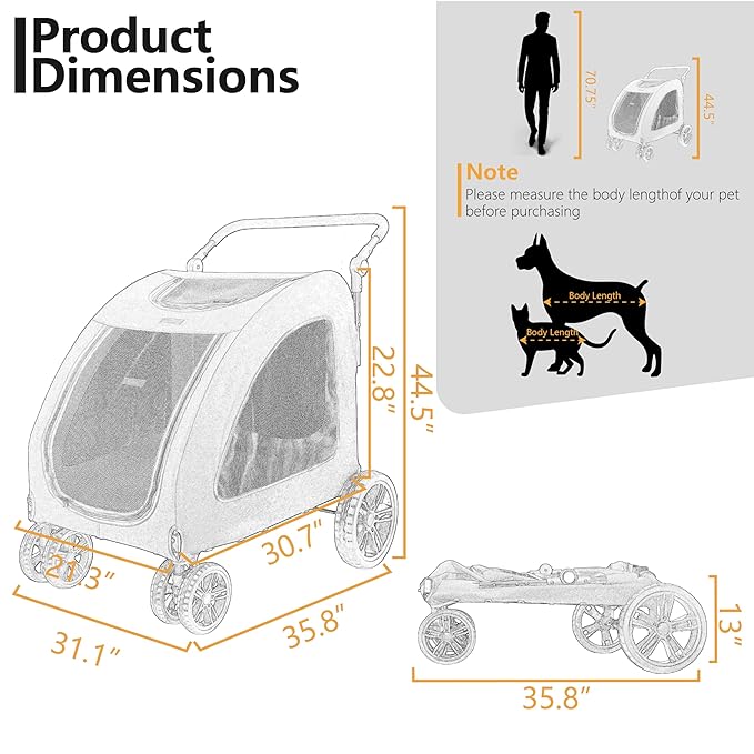 Extra Large Dog Stroller for Medium & Large Pets - Foldable Design, Adjustable Handle, Up to 130 lbs(Black)