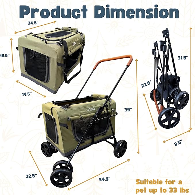 Pet Stroller Foldable Travel Crate for Small and Medium Dog and Cat, Portable Pet Travel Carrier, Pet Jogger with Detach Carrier