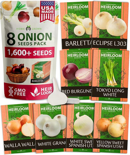HOME GROWN 𝗨𝗦𝗔 𝗣𝗥𝗘𝗠𝗜𝗨𝗠 8 Onion Seeds for Planting – 1,600 Heirloom 𝗡𝗢𝗡-𝗚𝗠𝗢 Vegetable Seeds – Grow Sweet, Yellow, Red, Spanish, Green & Vidalia Onions in Outdoor or Indoor Home Garden