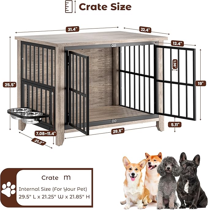 Lulive Dog Crate Furniture, Wooden Dog Kennel Indoor with Adjustable 360°& Height Dog Bowls, Double Doors Furniture Dog Crates End Table for Small/Medium 31.5" L*22.5" W*25.6" H, Grey