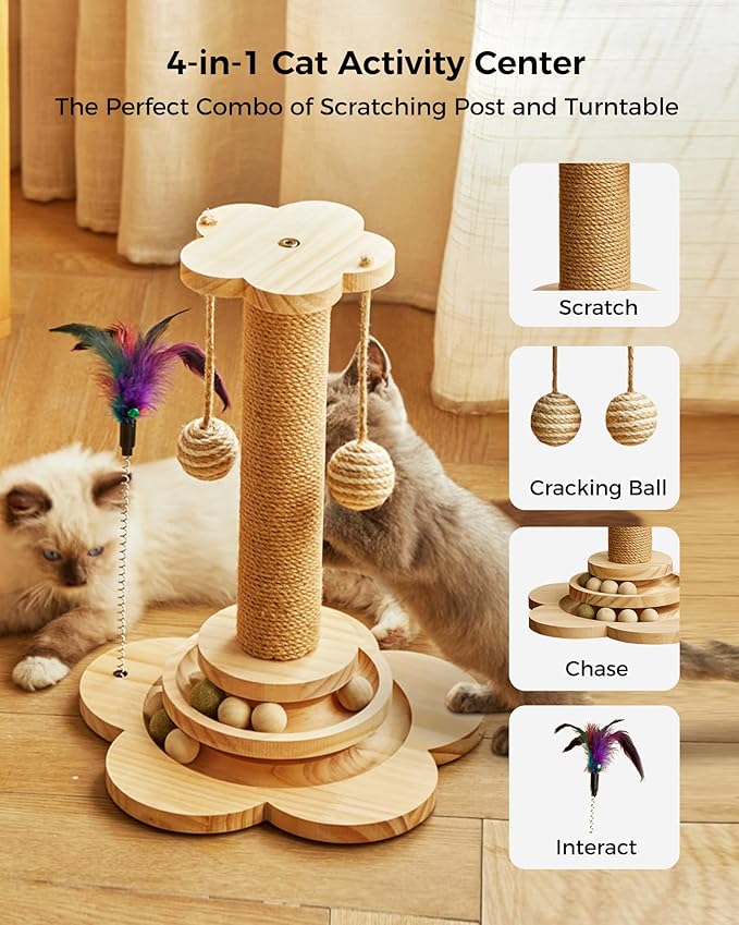 Cat Scratching Post, 4 in 1 Wooden Cat Scratcher Toy, 17.7" Tall Scratch Post with 2 Level Cat Track Balls, Interactive Feather Toy and 2 Sisal Hanging Balls for Indoor Kittens, Adult Cats