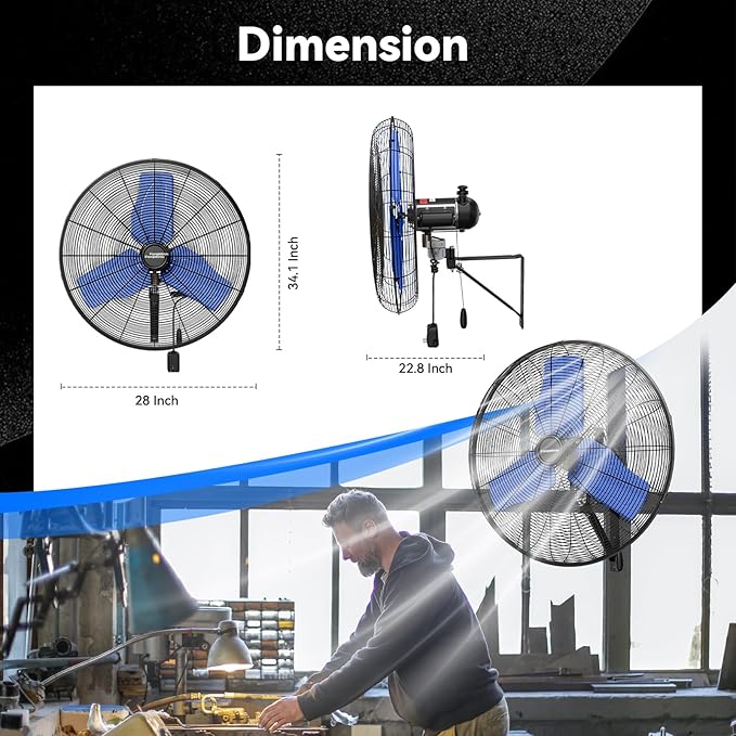 Pro 9500 CFM 24" Outdoor IP44 Waterproof Wall Mount Fan, 3-Speed Oscillating Metal Fans with Enclosure Motor, Heavy Duty Wall Fan for Patio, Warehouse, Garage, and Jobsite