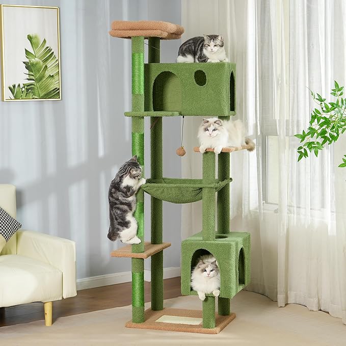 72” Cat Tree for Large Cats Big Cat Tower with Enlarged Hammock 21.6x17.7” Spacious Cats Condo House and Roomy Top Bed and Multiple Scratch Posts for Indoor Adult Cats (Green, XLarge-72)