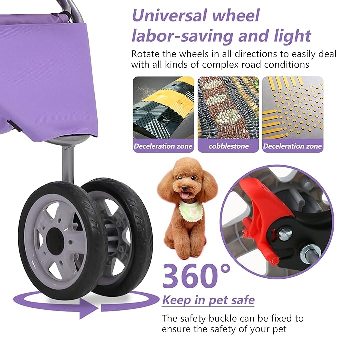 Dog Stroller,3 Wheels Travel Folding Pet Strollers for Small Medium Dog Cat Jogger Stroller with Storage Basket Removable Liner Purple
