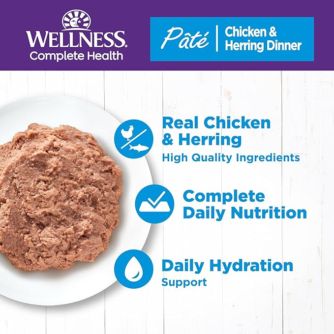 Wellness Complete Health Pate Adult Wet Cat Food, Natural, Protein-Rich, Grain Free, 5.5 Ounce, 24 Pack, (Chicken & Herring)