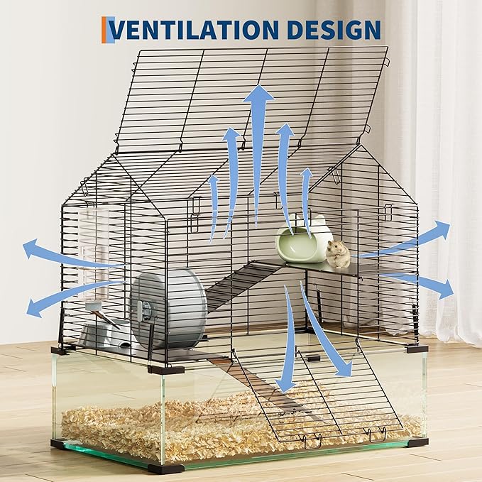 Large Hamster Cage with 7" Deep Tempered Glass Bottom, 3 Tiers Big Hamster Tank with Running Wheel, Hut, Water Bottle, Dish, Rat Cages for Syrian, Dwarf, Gerbils, Mouse, 22.83" x 15" x 21.25"