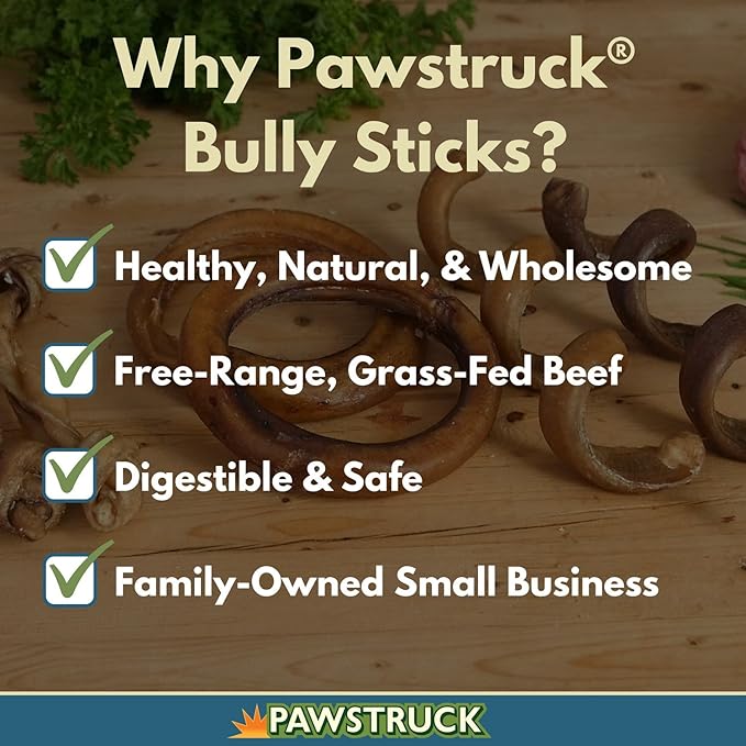 Pawstruck All-Natural 4" Bully Stick Rings for Dogs - Rawhide-Free, 100% Beef, Single Ingredient Dental Chew Bones - Fully Digestible, Low Odor - 10 Count - Packaging May Vary