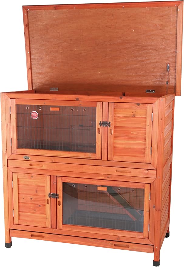 TRIXIE natura Insulated Rabbit Hutch, 2-Story Outdoor Bunny House, Small Animal Hutch with Ramp, Removable Window Panes, Ideal Shelter for Rabbits or Guinea Pigs, Brown