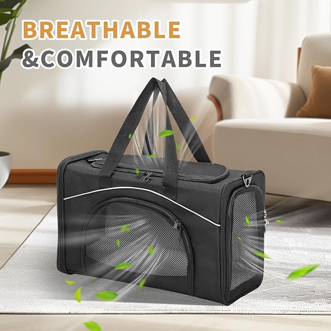 ‌Petsfit Airline Approved Pet Carrier for Small Cats, 16.5x8.6x11 TSA Approved Carrier, with Removable Dual-Sided Padding (2-Way Placement) - Fits Under Most Airplane Seats, Escape Proof (Black)