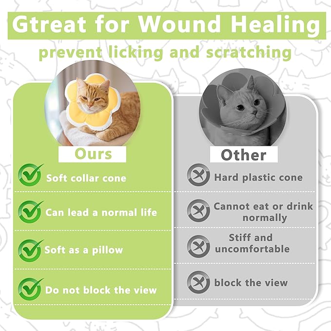 Cat Cone Collar Soft, Waterproof Cats Cones to Stop Licking After Surgery, Adjustable Soft Elizabeth Cats Collars for Wound Healing, Flower Shape Cat Recovery Collar (Green, Large)