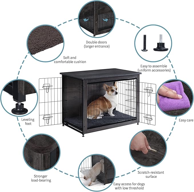 DWANTON Dog Crate Furniture with Cushion, Wooden Kennel Table with Double Doors, Indoor Dog House, Medium Size, 32.5" L, Dark Gray