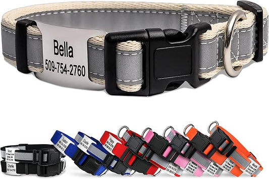 GoTags Reflective Personalized Dog Collar with Nameplate, Adjustable Dog Collar with Custom Engraved Steel Slide On Pet ID Tag, Silent, No Noise Dog Tag for Large Medium or Small (Beige, Small)