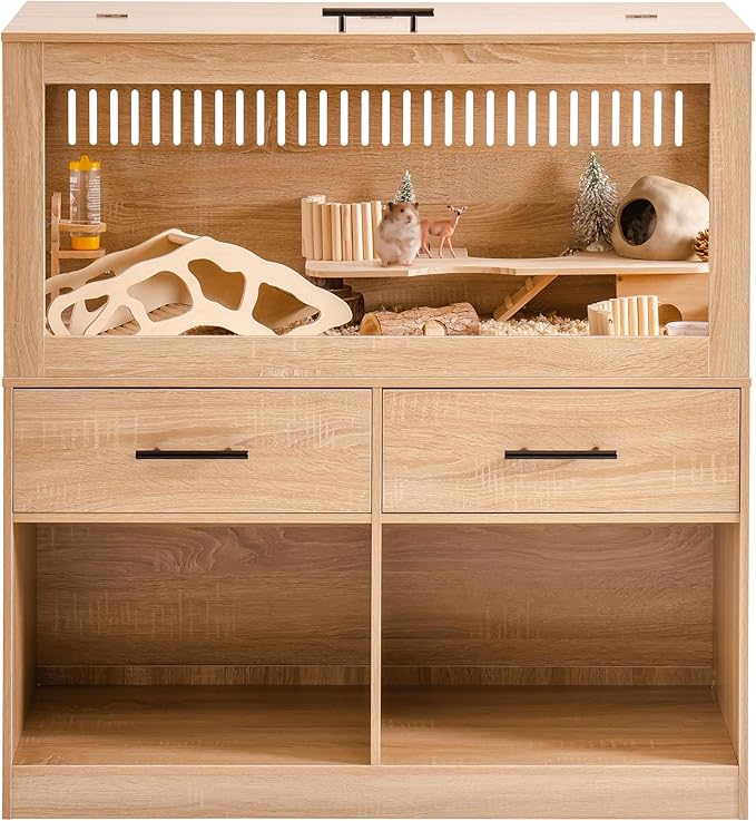 Mewoo Large Hamster Cage, Hamster Cage with Storage Cabinet, Large Habitats Hamster House with View Acrylic Panels and Drawer, Small Animal Cage for Guinea Pig, Rat, Hedgehog, Ferret