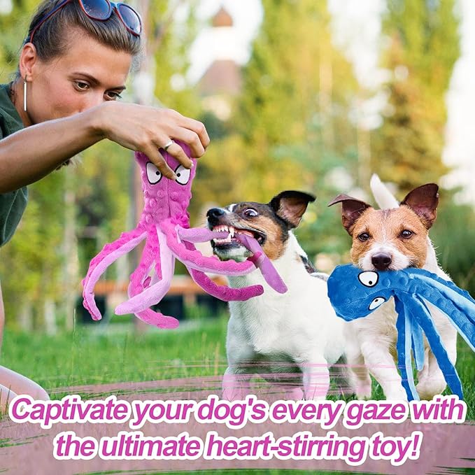 Alphatool Squeaky Dog Toys - 2pcs Soft Plush Chew Crinkle Puppy Toys to Keep Them Busy, Octopus No Stuffing Interactive Essentials for Teething Small Medium Pets Dogs Gifts