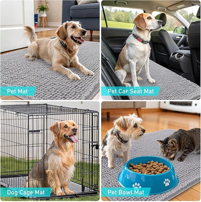 OLANLY Dog Door Mat for Muddy Paws 30x20, Absorbs Moisture and Dirt, Absorbent Non-Slip Washable Doormat, Quick Dry Chenille Mud Mat for Dogs, Entry Indoor Entryway Carpet for Inside Floor, Light Grey