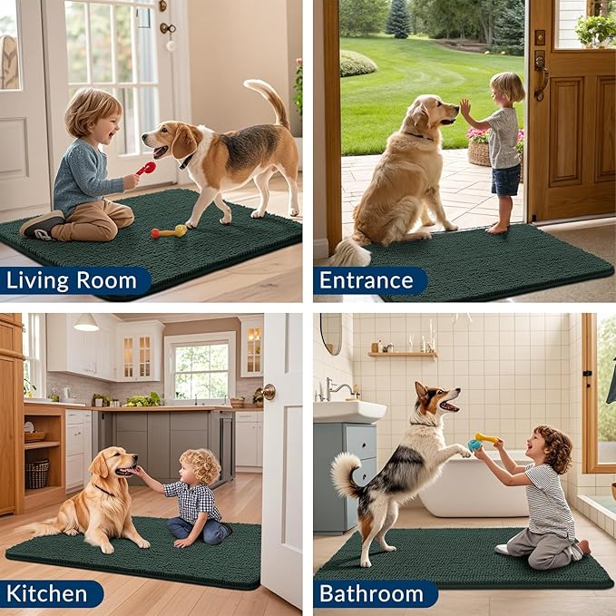 Smiry Dog Door Mat for Muddy Paws 40x32, Absorbs Moisture and Dirt Doormat, Non-Slip Washable Quick Dry Chenille Front Door Mat Indoor Entrance, Entryway Carpet for Inside Floor, Green