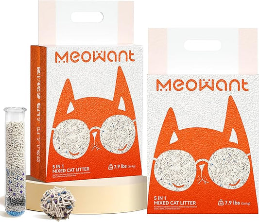 Meowant 5-in-1 Mixed Cat Litter, Natural Bentonite Tofu Clumping Cat Litter, Ultra Absorbent, Fast Clumping, Dust-Free, Odor Control, Flushable, 7.9lbs*2