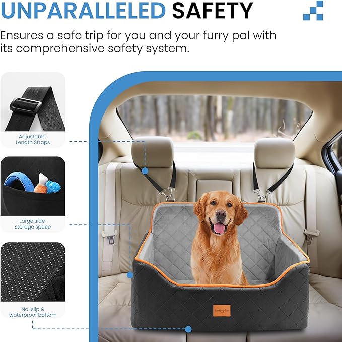 Dog Car Seat for Medium Dogs - Pet Car Seat with 2 Safety Straps & Waterproof Padding, Portable Pet Carrier for Cars, Trucks & SUVs, Comfortable Booster Bed for Pets Up to 55lbs (Black/Grey)