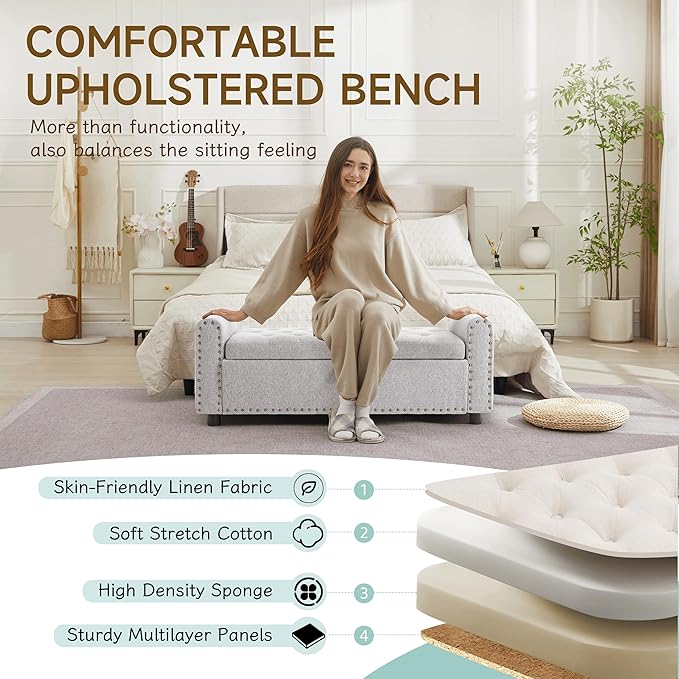 Ottoman with Storage, Tufted Storage Bench for Bedroom, 48" Fabrics End of Bed Bench, Upholstered Entryway Shoe Benches with Rolled Arm & Inner Zipper, Window Ottomans Chest with Rivets, Light Grey