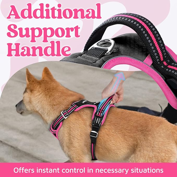 rabbitgoo Dog Harness for Large Dogs, No Pull Pet Vest with 3 Buckles, Adjustable Soft Padded Pet Harness with Easy Control Handle and Reflective Strips, Black & Rose Pink, XL