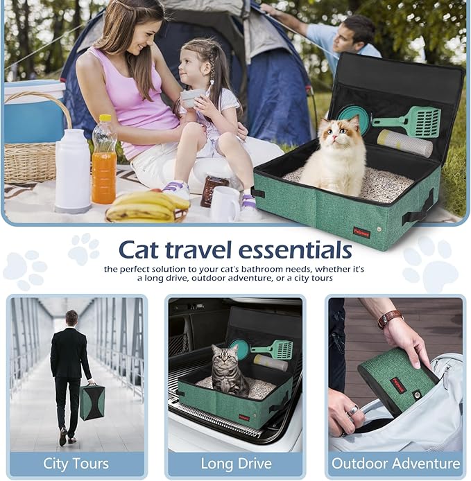 Portable Cat Travel Litter Box. Zipped Lid, Collapsible Litter Box for Cats. No Leakage, No Smell. Easy to Carry. Used for Hotels, Camping, Car (Green, L)