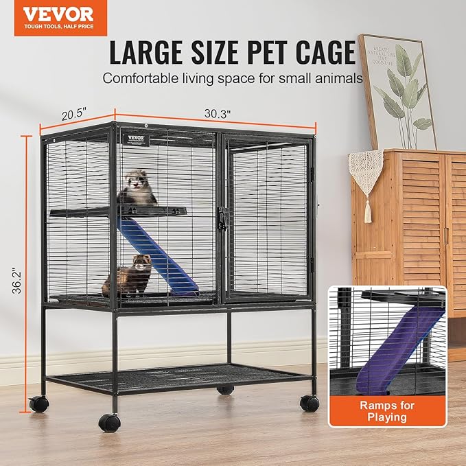 VEVOR 36" Rolling Metal Ferret Cage, Large 2-Tier Critter Nation Cage, Small Animal Cage with Ramps & Tray, Easy to Set up for Pet Mice, Hamster, Guinea Pig, Chinchilla, Squirrel, Hedgehogs, Bunny
