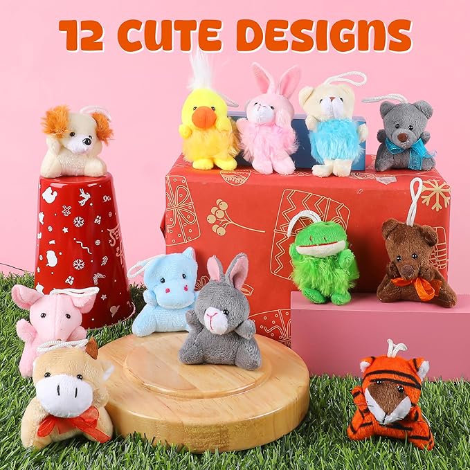 Sofier 12 Packs Mini Stuffed Animals Bulk Party Favors for Kids Treasure Box Toys Classroom Plush Toys Claw Machine Cute Key Chains Carnival Prizes Small Valentine Halloween Stocking
