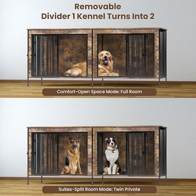 Dog Crate Furniture 78" for 2 Dogs Sturdy Heavy Duty Dog Kennel Solid Metal Tube Thick Wooden with 3 Lockable Doors XXL Double Dog Cage Large Breed as End Table for Large Dogs Rustic Brown