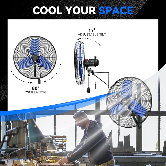 Pro 9500 CFM 24" Outdoor IP44 Waterproof Wall Mount Fan, 3-Speed Oscillating Metal Fans with Enclosure Motor, Heavy Duty Wall Fan for Patio, Warehouse, Garage, and Jobsite