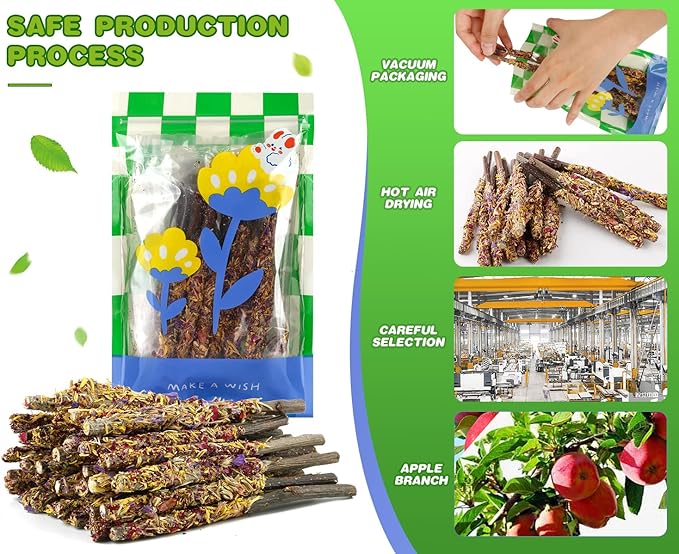 Abizoo Bunny Chew Toys for Rabbits,18PCS Natural Apple Wood Sticks with Petals Good for Chinchillas Guinea Pig Hamster Teeth Care, Bunny Small Pet Treats Teething Toys| Natural Organic Safe