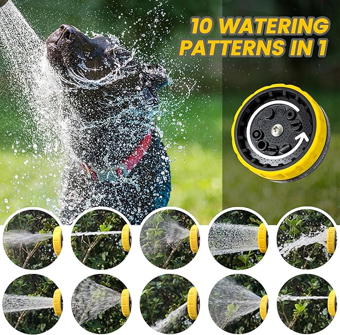 Dog Wash Hose Attachment, 10-in-1 Spray Mode Pet Shower Soap Sprayer with Grooming Comb Rubber Brush, Hose Nozzle with 100cc Soap Dispenser, for Watering, Car Wash, Dog and Horse Showering (Yellow)