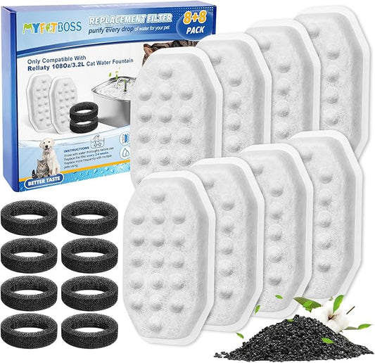 Pet Water Fountain Filters Compatible with Rellaty & Fit for Neareal 108oz/3.2L Automatic Dog Water Dispenser, Cat Filters for Bowl, 8+8 Pack