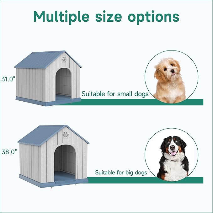 Vixzen 38in Large Outdoor Dog House,Durable Water Resistant Resin Dog House,Doghouse for Small to Large Dogs Indoor or Outside,with Air Vent and Elevated Floor,Blue