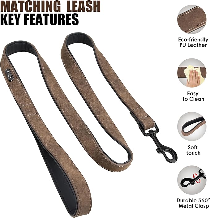 Didog Soft Padded Leather Dog Collar and Leash Set, Adjustable Dog Leash and Collar Set with Metal Buckle, Breathable Dog Collars with 4FT Leather Dog Leash for Small Medium Large Dogs, Brown, L