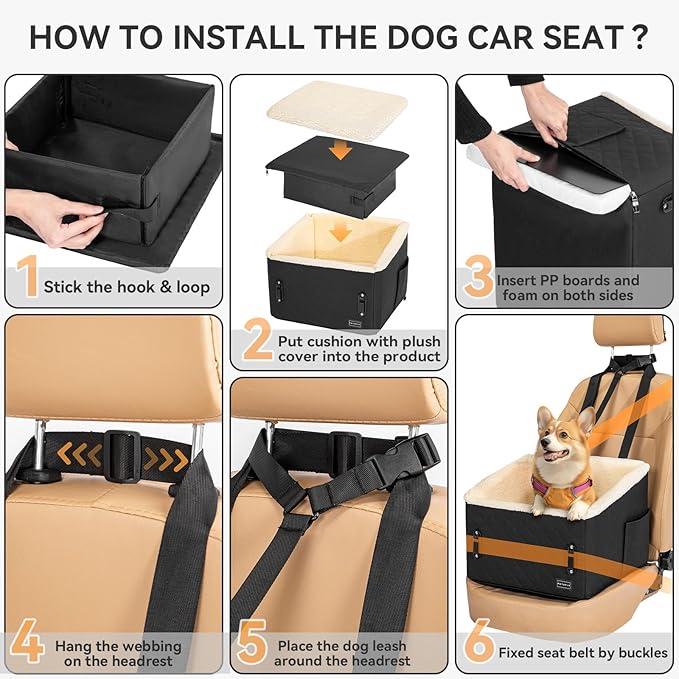 PETSFIT Dog Car Seats for Small Dogs, Soft Foam Dog Booster Seat with Patented Safety Buckles, Storage Pockets and Detachable Clip-On Safety Leash, Dog Car Seat for Medium Dogs 30 LBS (Black)