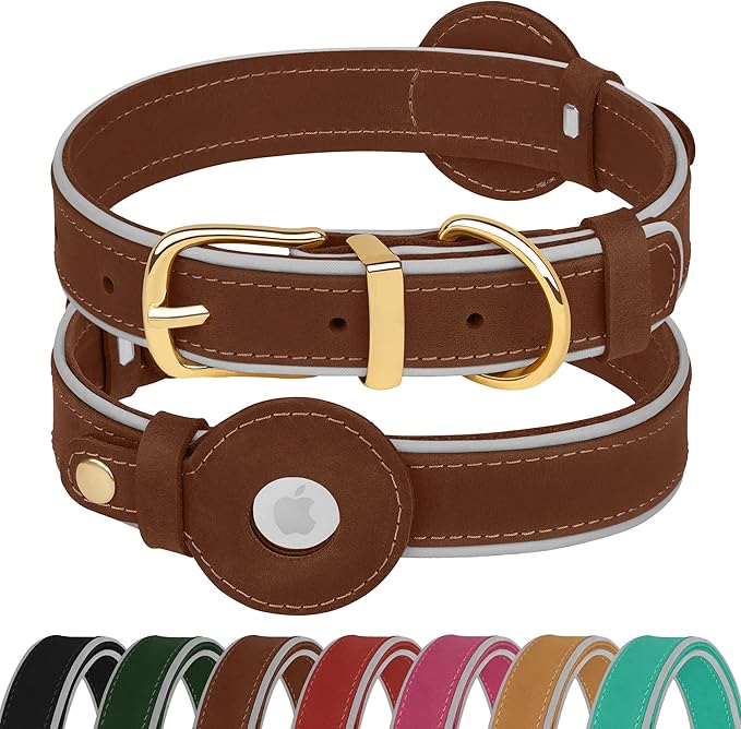 OOPSDOGGY Reflective Geniune Leather Airtag Dog Collar Soft Padded Collars for Small Medium Large Breed Dogs Puppy, 4 Sizes, 7 Colors (Brown, Large, 15"-19")