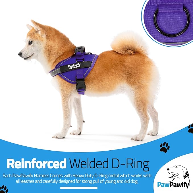 PawPawify Custom No Pull Dog Harness with Name and Phone Number, Heavy Duty Personalized Pet Vest to Prevent Tugging, Pulling, or Choking, Training and Walking (New Purple, L (40-60 LBS))