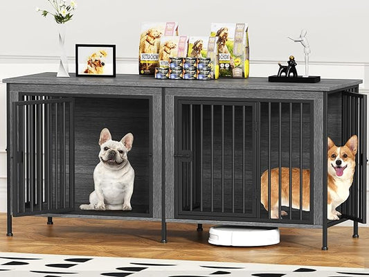 EasyCom 63" Dog Cage Furniture for 2 Pets with Divider, XL Wooden Double Dog Crate Furniture TV Stand for Mideum Breed, Durable and Sturdy