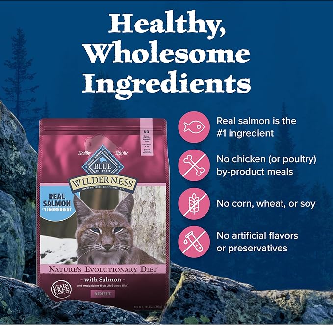 Blue Buffalo Wilderness Natural High Protein, Grain Free Dry Food for Adult Cats, Salmon, 11-lb Bag