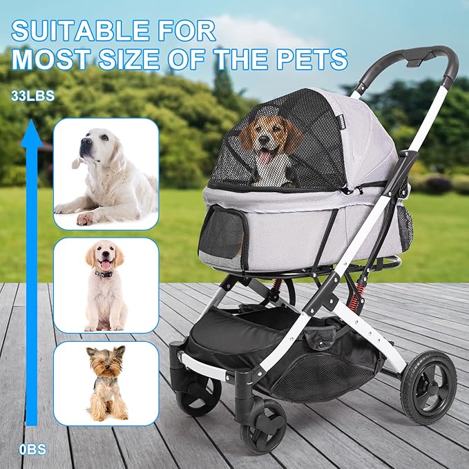 Pet Stroller for Medium Small Dog & Cat, Foldable Lightweight Dog Stroller with Storage Basket Pet Travel Carriage with Safety Leashes, 4 Wheel, Gray