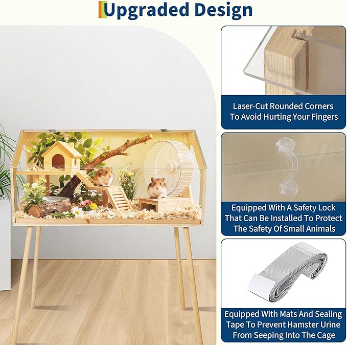 Wooden Hamster Cage with Legs, 40" l x 20" w x 47.5" h Guinea Pig Cages Chew Proof,Large Hamster Habitats Enclosure with Acrylic Window & Openable Top for Guinea Pig, Chinchilla, Gerbil