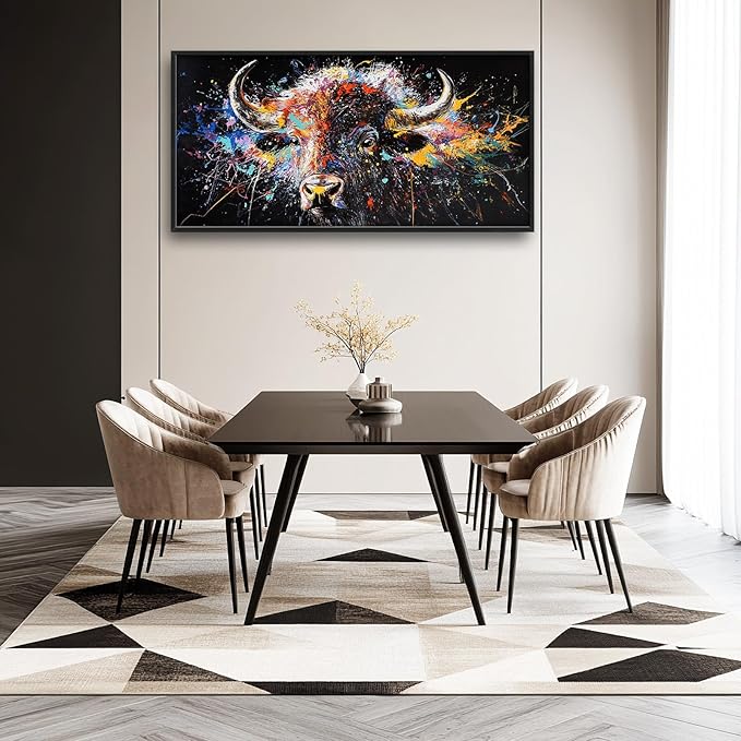 Framed Large Bison Buffalo Wall Art for Living Room, Oversized Graffiti Yak Cow Wall Decor Banksy Bull Canvas Painting Animal Pictures Modern Artwork for Living Room Bedroom Office 60"x30"