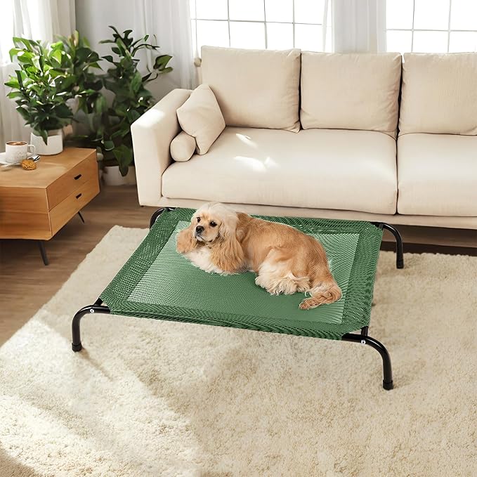 Cooling Elevated Dog Bed with Non-Slip Floor Protectors & Breathable Mesh, Raised Indoor & Outdoor Dog Cot Hammock, 34" L x 25" W x 8" Th, Small, Green