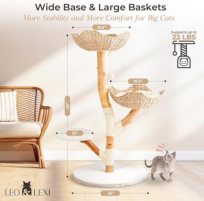 Real Wood Modern Cat Tree Tower, Cat Scratching Post with Bed for Indoor Cats Large Adult, Solid Wooden Climbing Tower, Cute Wicker Condo, Aesthetic Stand, Boho Luxury Pet Furniture