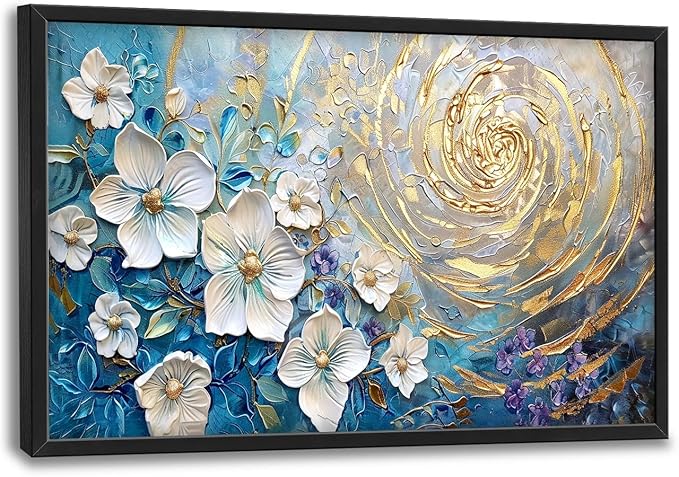 Flower Large Wall Art White Floral Pictures Abstract Golden Spiral Texture Wall Decor Canvas Print Painting Artwork for Bathroom Living Room Bedroom 36L" x 24W"