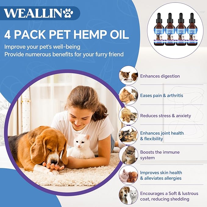Hemp Oil for Dogs and Cats - Omega-3, 6, 9 Rich Organic Extract - Eases Pet Anxiety, Pain, Skin & Coat Health - Stress Relief, Hip & Joint Support - Calming Treats (4 Pack)